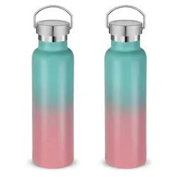 Trinkflasche Edelstahl 600ml Doppelwandig Vakuum Isoliert Auslaufsicher Grün-Rosa Farbverlauf 2er Set