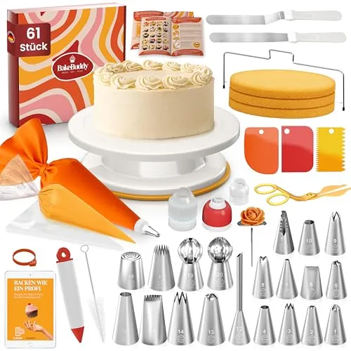 BakeBuddy Torten Zubehör Set (61-teilig) – Drehbare Tortenplatte mit Edelstahl Spritztüllen, Spritzbeutel, Teigschabern, Paletten & umfangreichem Backzubehör perfekt für Anfänger & Profis
