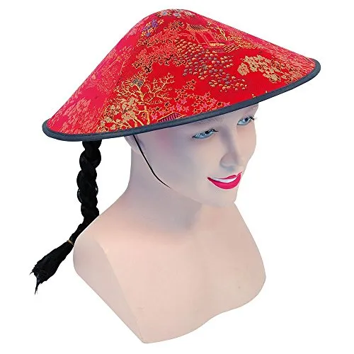 Bristol Novelty BH441 Chinesischer Coolie-Hut Stoff mit Zopf, Unisex Adult, Rot, Schwarz, Einheitsgröße