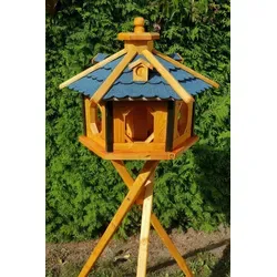 Holzdekoladen Vogelhaus XL Vogelhaus mit Futterautomat – optional mit Ständer & Solarlicht blau ohne Solar | mit Ständer