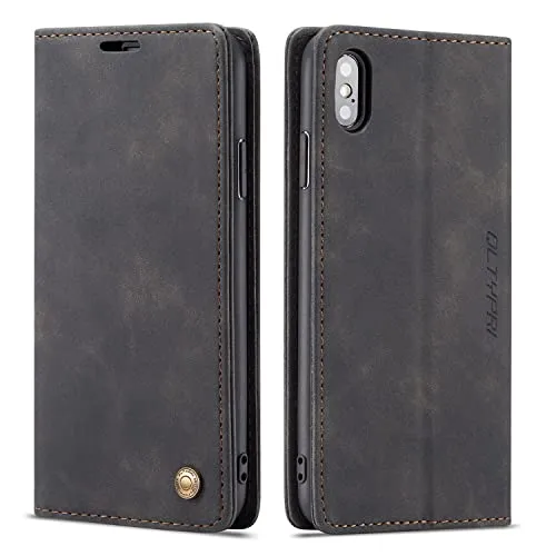 QLTYPRI Hülle für iPhone XS Max, Vintage Dünne Handyhülle mit Kartenfach Geld Slot Ständer PU Ledertasche TPU Bumper Wallet Case Flip Schutzhülle Kompatibel mit iPhone XS Max - Schwarz