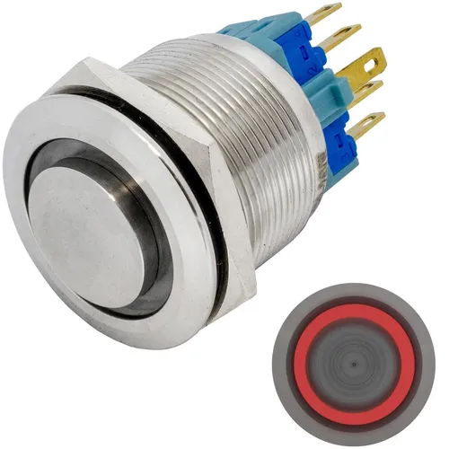 Edelstahl Drucktaster erhaben Ø25mm Ring LED Rot IP65 2,8x0,5mm Pins 250V 3A Van