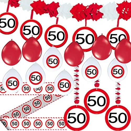 CARPETA 23-TLG. Partyset * 50. Geburtstag * mit Verkehrschild Deko: Girlande + Rotorspiralen + Absperrband und vielen Luftballons Dekoset Dekobox Verkehrsschild