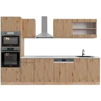 Vicco Küchenzeile R-Line 300 cm, Artisan-Eiche/Goldkraft Eiche - Modulare Küchenzeile mit Hochschrank, ideal für individuelle Anpassungen und Erweiterungen. Höhenverstellbare Füße sorgen für perfekte Anpassung an Ihre Raumhöhe.