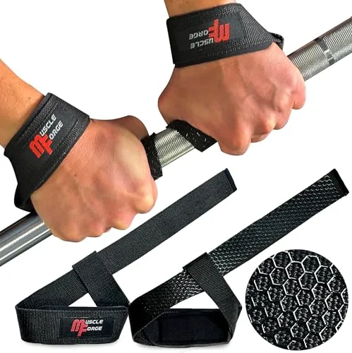 MuscleForge Zughilfen für Krafttraining Frauen & Männer 60cm | Anti-Rutsch Lifting Straps für Kreuzheben & Gewichtheben | Neopren Wrist Straps Kraftsport Fitness Gym Zubehör - Schwarz