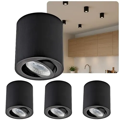 Sweet Led Aufbauspot GU10 Schwarz gebürstet – 4er Set - Deckenleuchten mit modernem, schwenkbarem Design aus robustem Aluminium. Inklusive energieeffizienter 7W GU10 LED-Leuchtmittel für warmweißes Licht – ideal für wohnliche Innenräume.