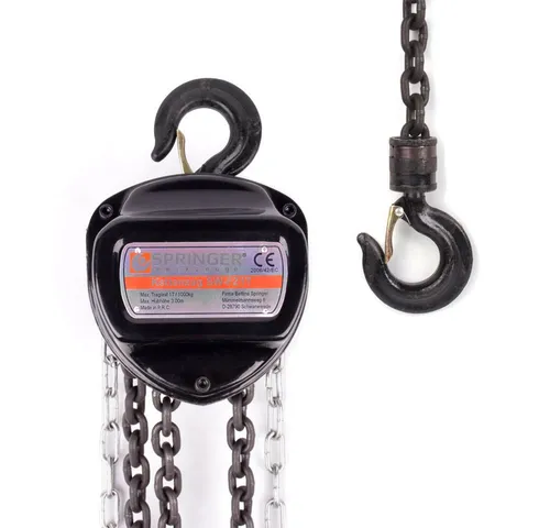 Springer Werkzeuge Kettenzug 1T - Hebezug mit 1000 kg Tragkraft, ideal zum problemlosen Heben von Lasten in Werkstatt und Landwirtschaft. Mit drehbarem Lasthaken und Doppelklinkenbremse für sicheres Arbeiten.