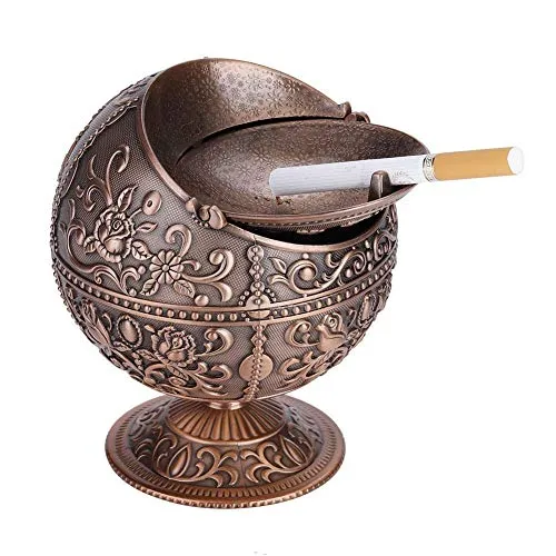 Wifehelper Winddichter Aschenbecher, Vintage Art Craft Portable Tischplatte Metall Aschenbecher mit Deckel Metall Runde Kugel Prägung Muster Dekoration (Rotbronze)