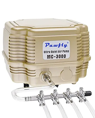 Pawfly 16 L/min Aquarium Luftpumpe Einstellbare leise Sauerstoffpumpe 7 W Kommerzielle Luftpumpe mit 4-Wege luftverteiler und Luftschlauch für Fischbecken Teiche und DWC-Systeme bis zu 1000 L