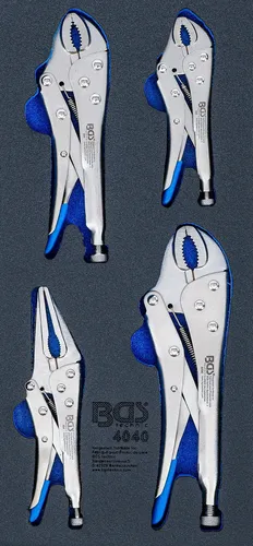 BGS Werkstattwageneinlage 1/3: Gripzangen 4-teilig - Crimpzangen mit einstellbarem Anpressdruck, ideal für präzise Arbeiten in der Werkstatt, inklusive 3 Gripzangen und einer Langbeckzange.