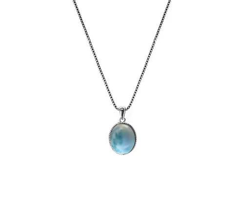 Edellis Damenkette aus weiß rhodiniertem 925er Silber mit klassischem ovalen Edelstein-Anhänger (Larimar)