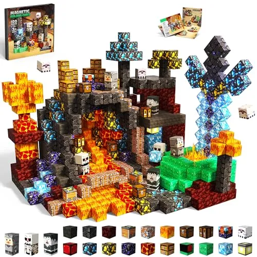 CraftyNest Magnetische Bausteine Bauspielzeug 100 Pcs Magnetbausteine für Kinder Montessori Kreative Spielzeug ab 3 4 5 6 7 8 Jahre Junge und Mädchen Magnetic Blocks Geschenke für Kinder （Lava）