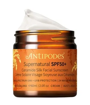 Antipodes Supernatural SPF50+ Ceramide Silk Facial Sunscreen 60 ml - Hochwertige Sonnenschutzmittel für das Gesicht mit LSF 50+, bietet umfassenden UVA- und UVB-Schutz und pflegt die Haut mit Ceramiden und natürlichen Pflanzenölen. Ideal für alle Hauttypen und perfekt unter Make-up.