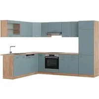 Vicco Winkelküche R-Line, Blau-Grau/Goldkraft Eiche - Moderne L-Küche, individuell konfigurierbar und ideal für gesellige Kochabende. Robust und langlebig mit vielfältigen Farbauswahl für Ihre Traumküche.