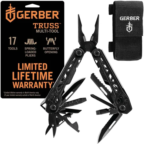 Gerber Truss Multi-Tool Black - 17 Funktionen - Multitool mit 17 Werkzeugen, ideal für Profis und Outdoor-Enthusiasten. Kompakt, leicht und mit robustem Nylon-Holster für einfachen Transport.