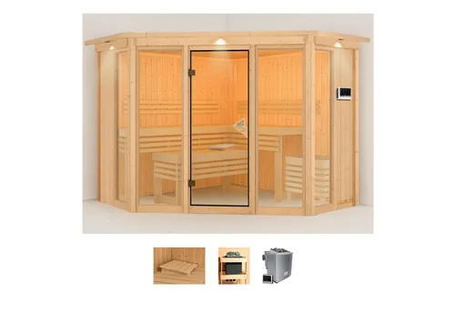Karibu Sauna Astrid 2 mit 9-kW-Bio-Ofen - Innensauna mit 68 mm Wandstärke für optimale Wärmeisolierung, fördert Entspannung und Gesundheit durch regelmäßige Saunagänge.