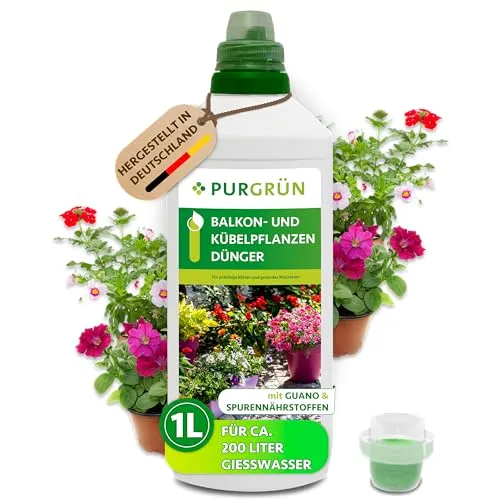 Purgrün Kübelpflanzendünger - Flüssigdünger mit Guano und Aqua Plus - Dünger für Kübelpflanzen – Fördert kräftiges Wachstum und prächtige Blüten mit einer speziellen Formel aus Guano und Aqua Plus für optimale Wasserverteilung.