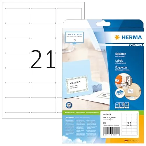 HERMA 5029 Adressetiketten, 800 Blatt, 63,5 x 38,1 mm, 21 pro A4 Bogen, 16800 Stück, selbstklebend, bedruckbar, matt, blanko Papier Adressaufkleber Etiketten, weiß