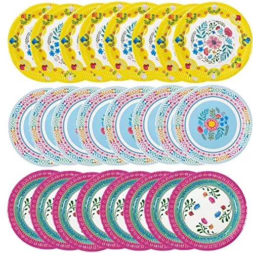 Talking Tables Bunte Pappteller im Boho-Stil, 24 Stück, Einweggeschirr für Kindergeburtstage, Encanto-Party-Dekorationen, hawaiianisches Thema, Sommer-Picknick, Grillen – 23 cm, Blau, Rosa