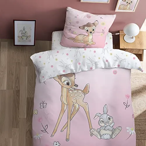 CTI Disney Bambi Blumen Kinderbettwäsche Set 140x200 cm | 100% Baumwolle | Oeko-TEX | Mädchen Einzelbett Bettbezug 140 x 200 cm + 1 Kissenbezug 63 x 63 cm Wendedruck | Rosa