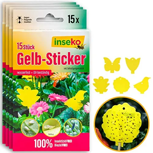 inseko 60 x Profi Gelbsticker - Effektive Fliegenfalle für den Innen- und Außenbereich - Die inseko Gelbtafeln ziehen Schädlinge durch ihre spezielle Farbgebung an und haften zuverlässig. Wasserfest und UV-beständig, ideal für jede Umgebung. Inklusive Zubehör für einfache Handhabung und effektiven Einsatz!