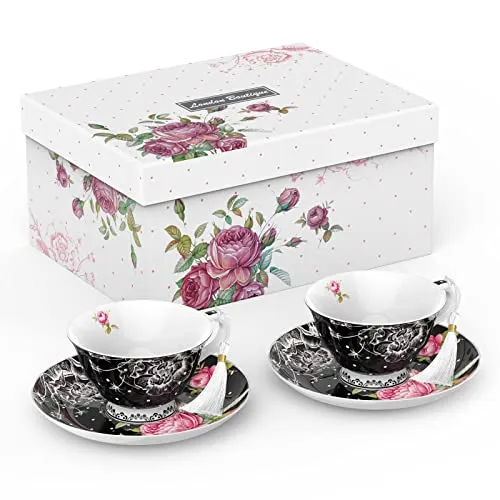 London Boutique Teetasse und Untertassen-Set, 2 Stück, Nachmittagstee-Set, Knochenporzellan, Vintage-Flora-Geschenkbox, 200 m (schwarz)