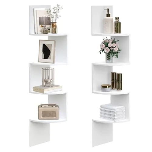 HOOBRO Wandregal 2er Set, Eckregal, Schweberegal, 4-stufiges Regal, einzigartiges Zickzack-Design, platzsparend, für Wohnzimmer, Schlafzimmer, Esszimmer, Weiß EWT25BJP201