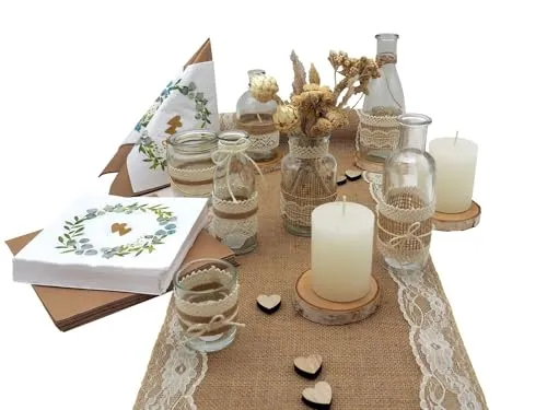 Produktbild ZauberDeko Tischdeko Herz Gold Eukalyptus Holz Creme Natur Braun Spitze