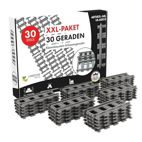 LONESTAR Klemmbausteine XXL Pack - 30 Geraden Schienen Set - Bauspielzeugsets: 30 robuste Schienen für kreative Eisenbahn-Landschaften, kompatibel mit Klemmbausteinen, fördert räumliches Denken und Feinmotorik.