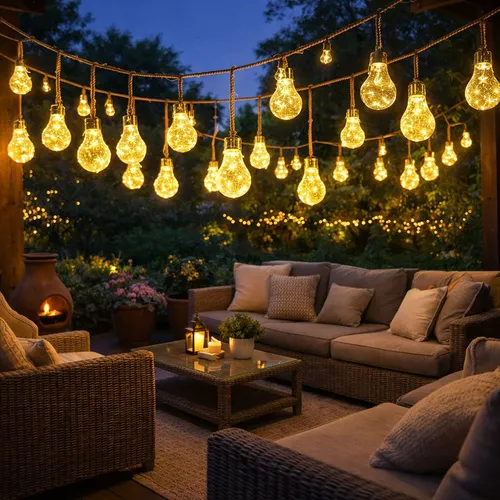 LED Solar Lichterkette Außen 10 Glühbirnen - 2er Set für Balkon und Garten - Weihnachtsbeleuchtung mit 10 warmweißen LEDs, betrieben durch Solarenergie. Ideal für stimmungsvolle Abende im Freien, spritzwassergeschützt und bis zu 8 Stunden Leuchtdauer.