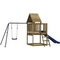 vidaXL Spielturm aus Kiefernholz mit Rutsche und Schaukel - Spielplatz für den Garten, hergestellt aus kesseldruckimprägniertem Kiefernholz für hohe Stabilität und Witterungsbeständigkeit. Inklusive Rutsche und Schaukel für unendlichen Spaß!
