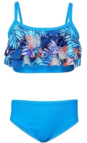 Aquarti Mädchen Bikini Set Bustier Bikinislip Zweiteiliger Badeanzug, Farbe: 030J mit Rüschen/Blätter/Orange/Blau/Dunkelblau, Größe: 158