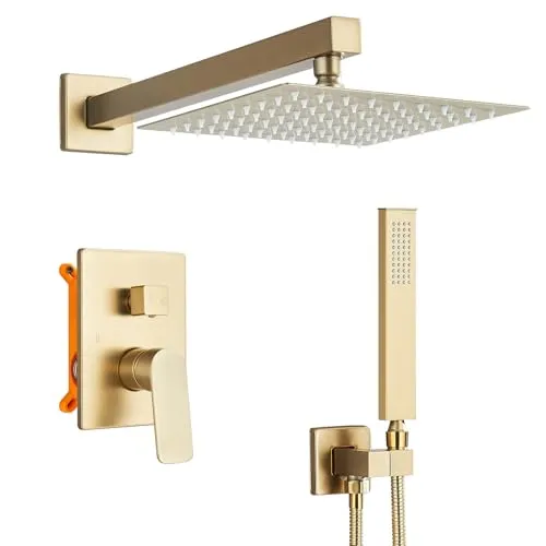 TVTIUO Einbau-Duschsystem mit Ventil, Wandmontage, quadratischer Regenduschkopf, 20 cm, Handbrause, Badewanne, gebürstet, goldfarben