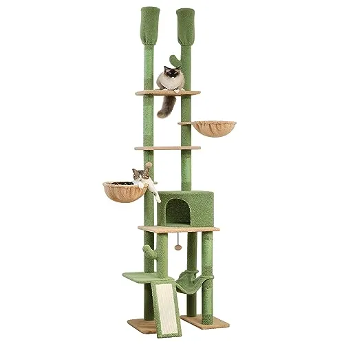 PETEPELA Kaktus Kratzbaum deckenhoch Katzenturm mit großen Condo einstellbare Höhe 216cm-285cm, 5 Tiers Katzensaktivitätszentrum mit gemütlichen Hängematte, Plattformen und Dangling Balls grün