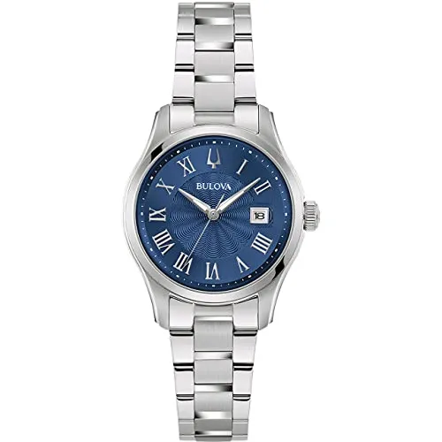 Bulova Damen Analog Quarz Uhr 96M163 - Elegante Armbanduhr für Damen mit hochwertigem Edelstahlarmband und blauem Ziffernblatt, ideal für jeden Anlass. Wasserdicht bis 3 bar und mit robustem Saphirglas ausgestattet.