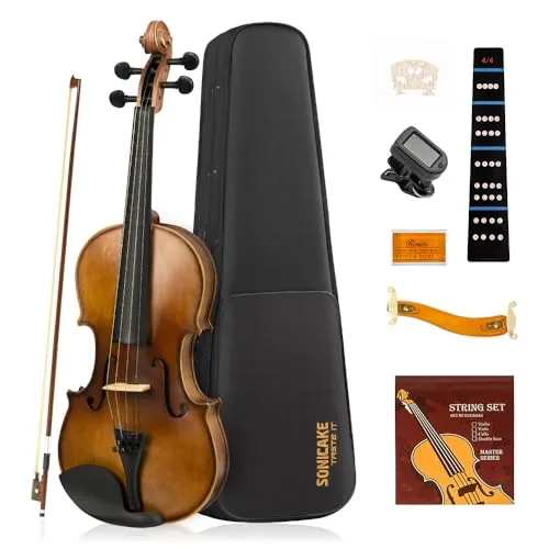 Produktbild SONICAKE 4/4 Violine Geige für Erwachsene aus Massivholz Geigenset mit Hartschalenkoffer, Schulterstütze, Kolophonium, Bögen, Clip-Tuner und Saiten QVL-01