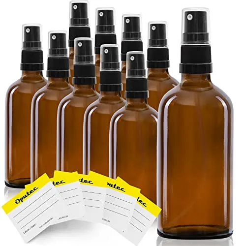Oputec 10 x 100 ml Sprühflaschen aus Glas mit Zerstäuber + 10 Beschriftungs-Etiketten - Braunglasflaschen mit feinem Sprühkopf - Kleine Pumpspray-Flasche
