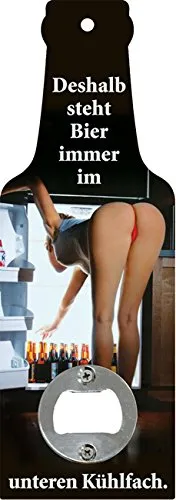 Blechwaren Fabrik Braunschweig GmbH Handflaschenöffner - Deshalb Steht Bier Immer im untern Kühlfach - Flaschenöffner in Bierflaschenform 20 cm mit Kordel GB8577-11