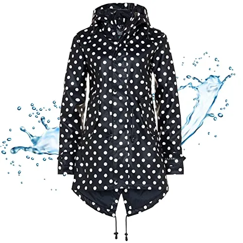 BMS Regenmantel 100% wasserdicht - marine mit weißen Punkten - Größe 38 - Funktionsjacke für Damen: 100% wasserdicht und winddicht, ideal für jedes Regenwetter. Der HafenCity Coat bietet eine optimale Passform mit Größenregulierung und ein angenehmes Tragegefühl durch das weiche BMS Softskin Material.