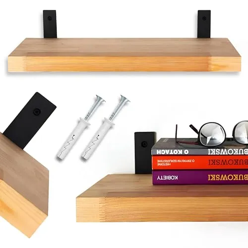 Kapaga – Regalbrett Holz 60x25 cm, Wandregal aus Kiefernholz mit pulverbeschichteter Metallstütze – Regalbrett zur Wandmontage – Hängeregal für Küche, Bad, Wohnzimmer, modern & vielseitig