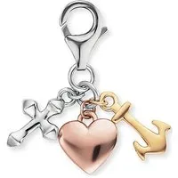 Engelsrufer Damen Charm Anhänger Liebe & Hoffnung - Clasp Charms für Damen mit drei Symbolen: Kreuz, Herz und Anker in dreifarbiger Ausführung. Ideal kombinierbar und nickelfrei für Allergiker, schützt Rhodium vor dem Anlaufen.