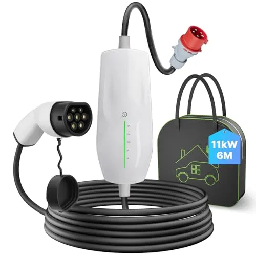 Teskee Mobile Wallbox 11kW Typ 2 Ladekabel EV Ladegerät für alle Elektrofahrzeugen EV PHEV | Max. 11kW 6-16Amp 6 Meter in Länge 3-Phasig CEE Stecker