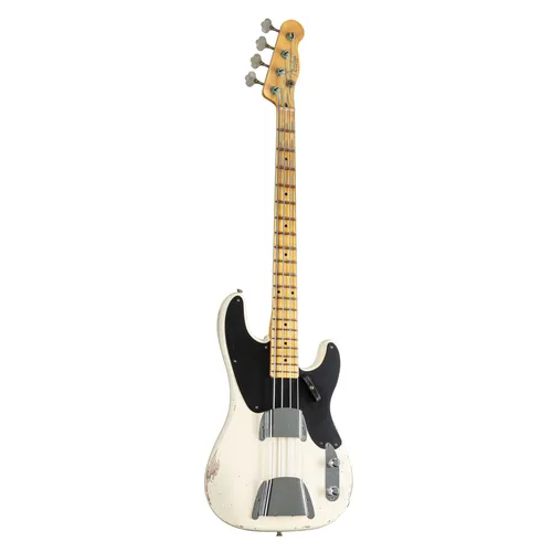 Fender '55 Precision Bass Relic MN Vintage Blonde #R138367 E-Bass - Hochwertiger 4-String E-Bass aus dem Fender Custom Shop, authentisches Vintage-Design, ideal für Bassisten, die den klassischen Sound der 50er Jahre lieben.