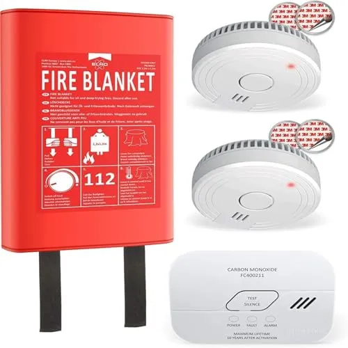 ELRO FF0404 Brandschutzset - Komplettlösung für Ihre Sicherheit - Rauchmelder-Set mit 2x 5 Jahre Batterie, CO-Melder mit 10 Jahre Sensor und hochwertiger Löschdecke 1,2m x 1,2m für optimalen Brandschutz.