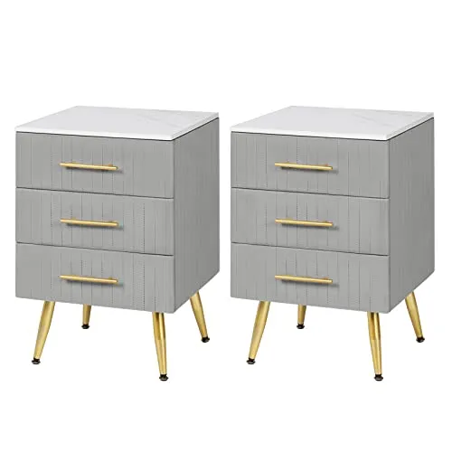 WOLTU 2er Set Nachttisch mit 3 Schubladen aus Massivholz in grau von WOLTU