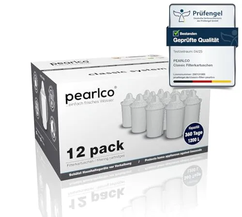 PearlCo Classic Universal Filterkartuschen Pack 12 - 12 hochwertige Filterkartuschen für Classic Wasserfilter, verbessern den Geschmack von Trinkwasser und reduzieren Kalkablagerungen - ideal für Tee und Kaffee.