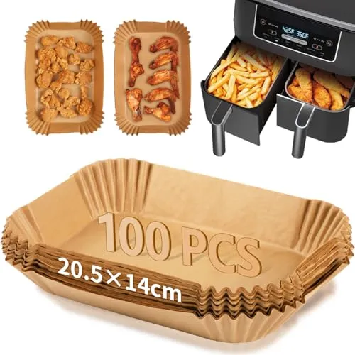 BOZKAA 100 Stück Backpapier für Heißluftfritteuse, Rechteckig Airfryer Backpapier Liners mit Ninja Dual Zone AF300UK AF300EU AF400UK, Heißluftfritteuse Zubehör mit Salter, Tower