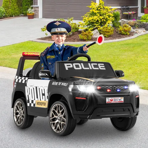 COSTWAY 12V Kinder Elektroauto Polizei, Elektrisches Kinderauto mit Fernbedienung, kabelloser Verbindung, Musik, Hupe & Sirene, für Kinder 3+ Schwarz