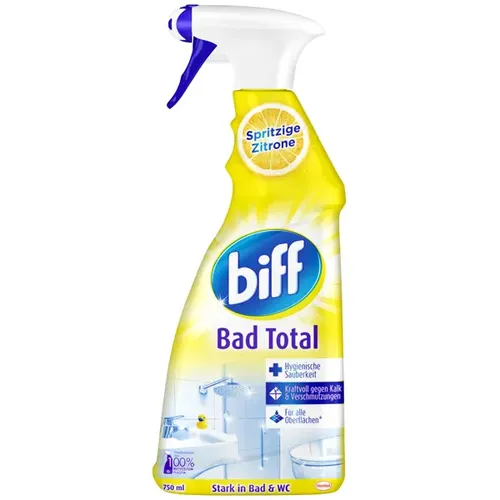 biff Bad Total Badreiniger 0,75 l - Reinigungsmittel für alle Oberflächen im Bad, kraftvoll gegen Kalk und Verschmutzungen mit frischem Zitrus-Duft für ein strahlend sauberes Bad.