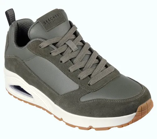 Skechers Uno Stacre Grün OLV EU 47,5 – Bequeme Low Sneaker - Die Skechers Uno Stacre in Grün EU 47,5 sind die perfekten Freizeitschuhe für stilvolle Outfits. Mit ihrem lässigen Design und dem bequemen Leder-Obermaterial bieten sie optimalen Tragekomfort für jeden Tag.